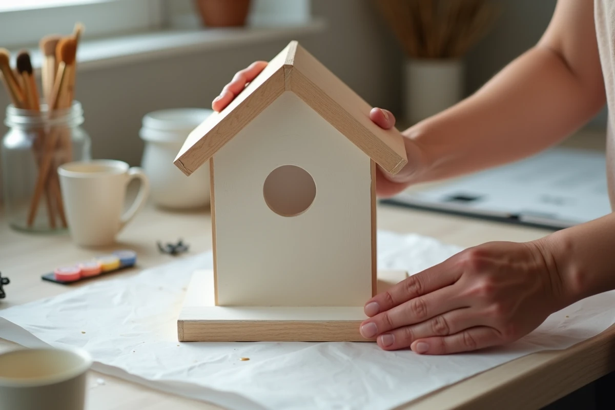 Gros plan sur des mains adultes appliquant de la peinture sur une maison en bois lors d'un projet de bricolage à domicile