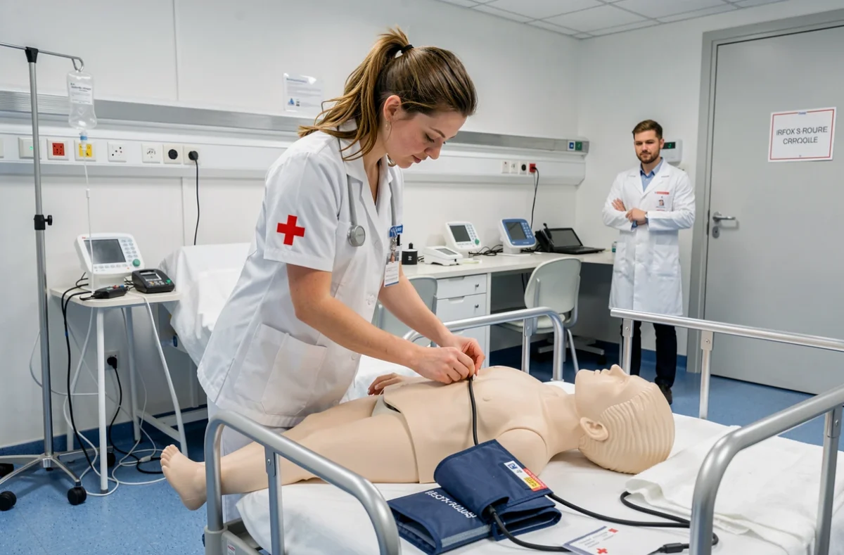 Étudiante infirmière en uniforme Croix-Rouge pratiquant des soins sur un mannequin dans la salle de simulation de l'IRFSS Brest