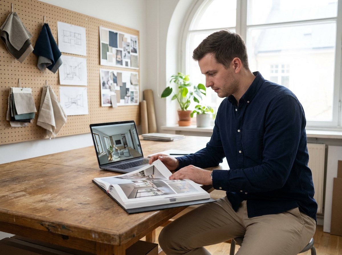 Jeune designer d'intérieur consultant son portfolio dans un studio créatif, symbolisant l'impact d'un diplôme certifié en architecture d'intérieur