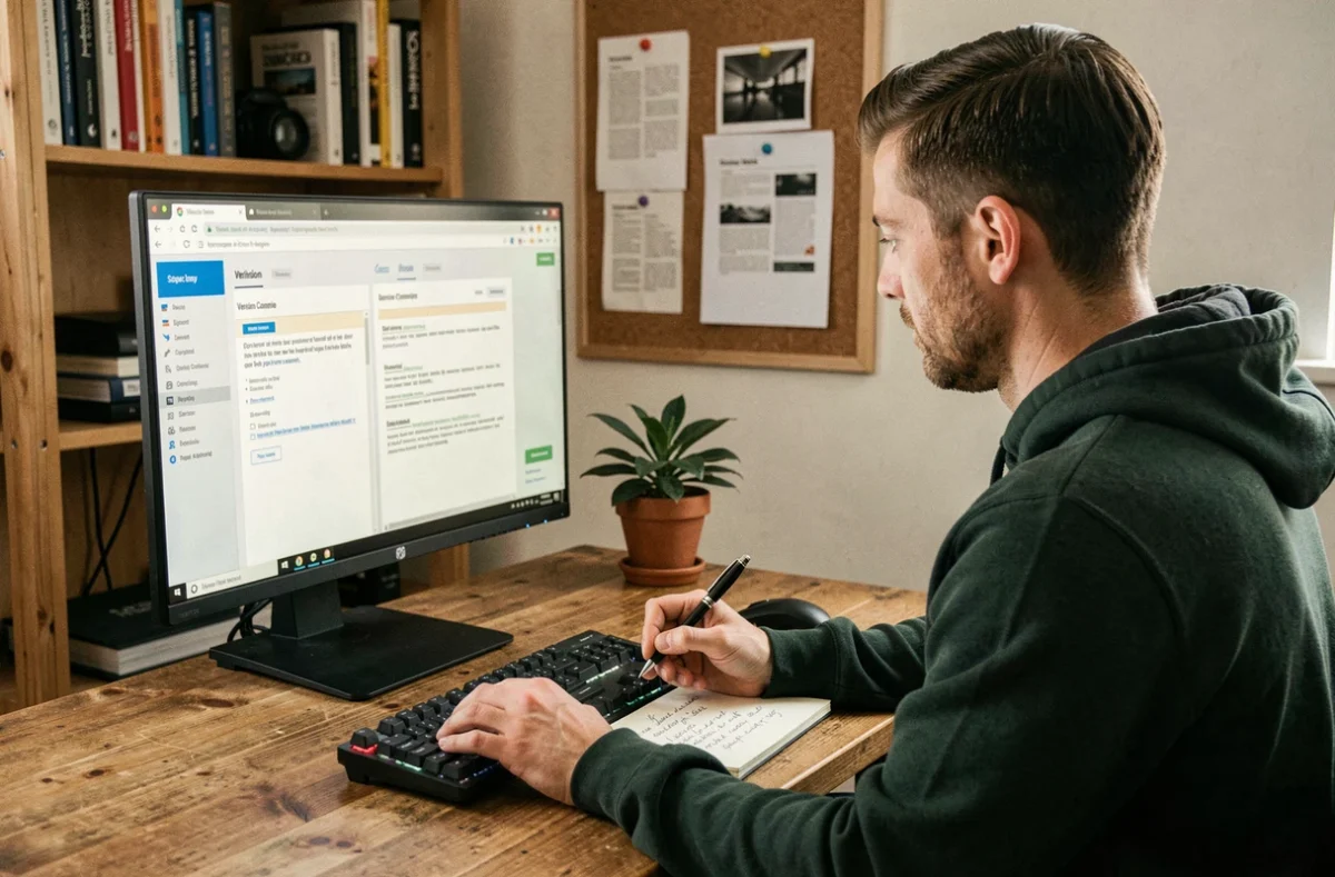 Développeur en télétravail analysant les notes de comparaison entre les versions CAP RLA pc et CAP RLA 2.2.0 sur son poste de travail