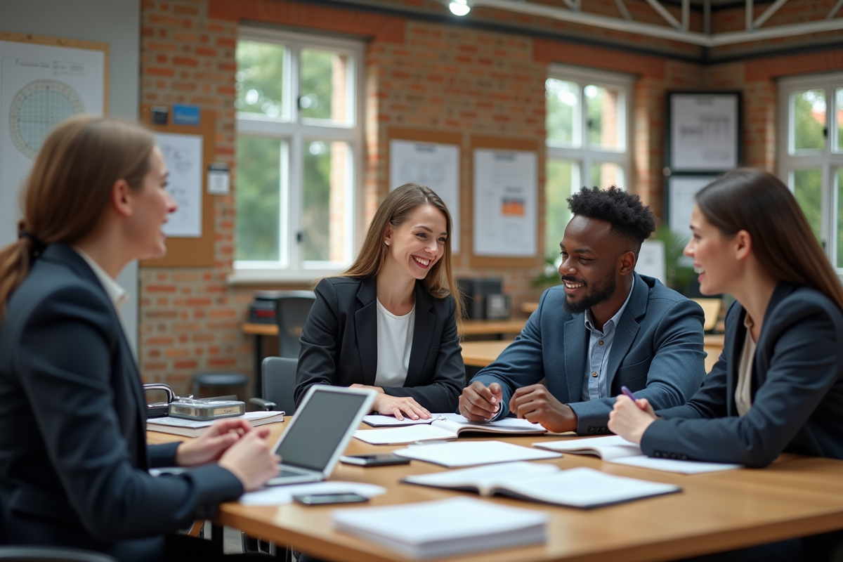 Jeune femme instructrice discutant avec groupe inclusif en centre de formation