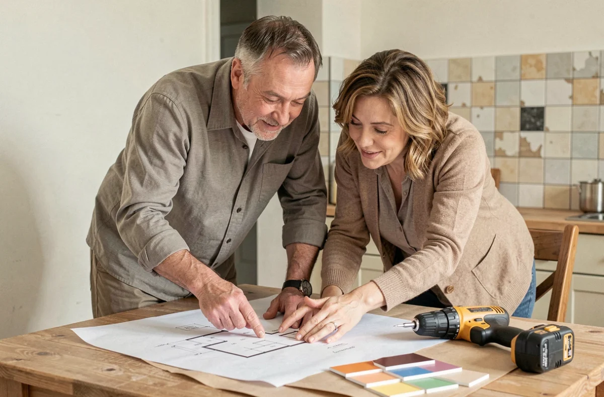 Deux adultes planifiant ensemble des travaux de rénovation grâce aux compétences acquises en formation bricolage