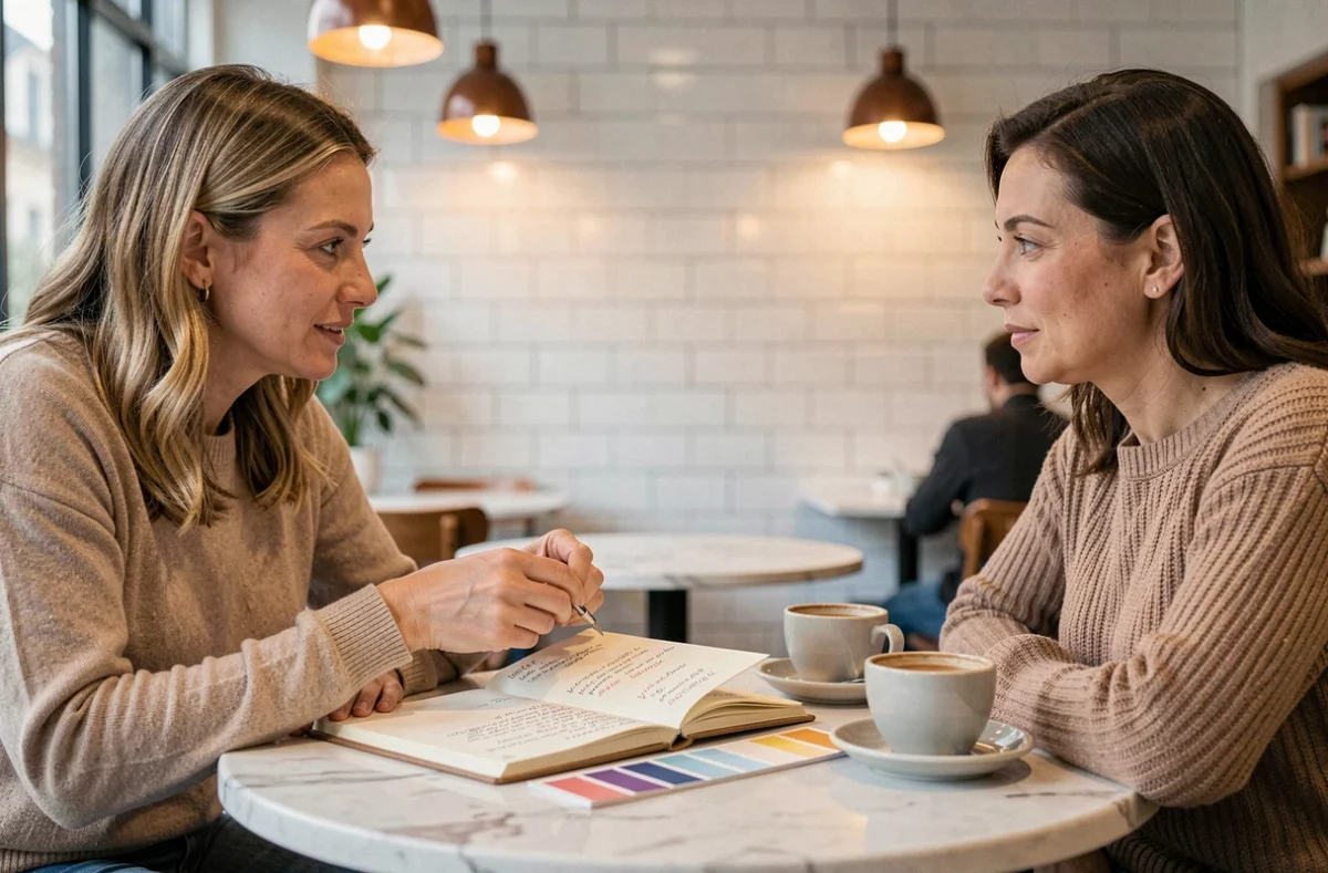 Deux femmes échangeant leurs avis sur une formation déco autour d'un café avec notes et nuanciers