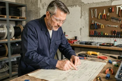 Électricien professionnel analysant un schéma électrique avec symboles normalisés sur un établi d'atelier industriel