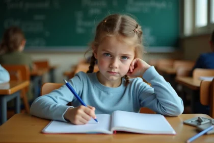 Élève de CM2 concentrée sur sa dictée dans un cahier ligné en classe primaire