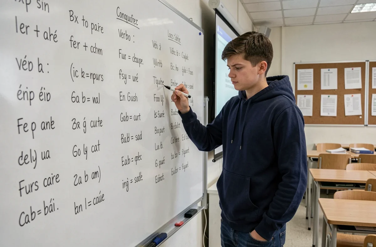 Adolescent écrivant des conjugaisons de verbes français du 2ème et 3ème groupe au tableau en classe