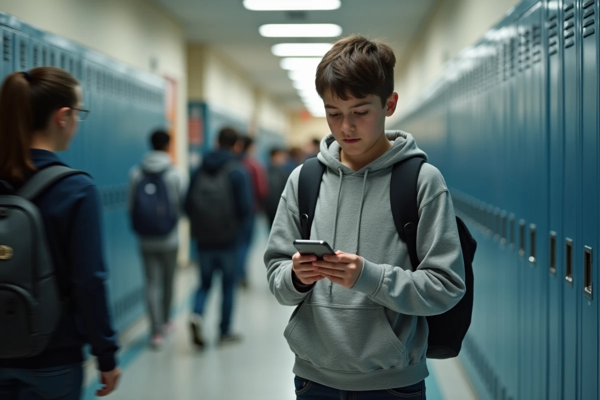 Élève consultant l'ENT77 sur son smartphone dans un couloir de lycée en début d'année scolaire
