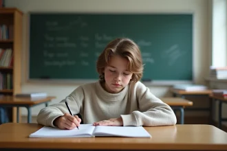 Jeune élève en philosophie relisant son devoir dans une classe lumineuse