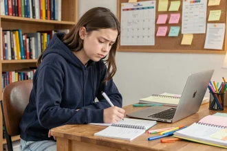 Élève lycéenne prenant des notes organisées dans un carnet à son bureau pour ne pas rater ses devoirs