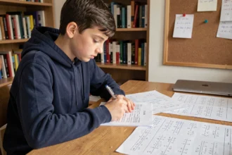 Élève de collège révisant des exercices de factorisation pour le brevet 2026 à son bureau avec des feuilles de maths manuscrites