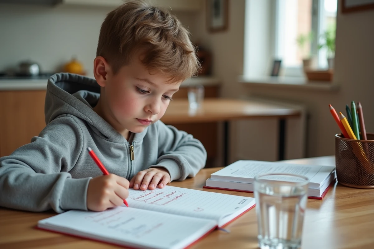Enfant de CM2 qui corrige sa dictée avec un stylo rouge à la maison