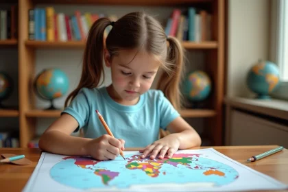 Jeune fille complétant un planisphère à imprimer avec des crayons de couleur sur un bureau en bois à la maison