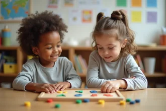 Deux enfants manipulant un tableau Montessori en classe