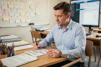 Enseignant consultant une check-list de réglages ENC92 en début d'année scolaire dans une salle de classe