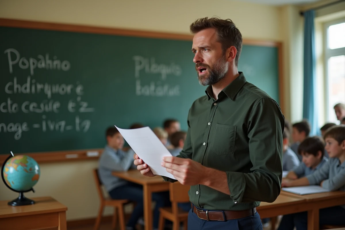 Enseignant de CM2 qui lit une dictée à voix haute devant sa classe