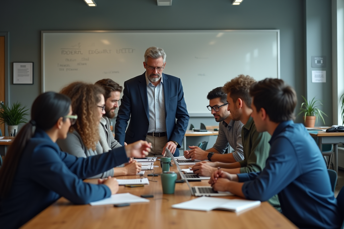 Formateur en classe moderne avec étudiants divers et équipements techniques