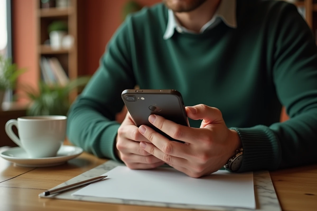 Enseignant consultant IProf sur mobile dans un café à Dijon
