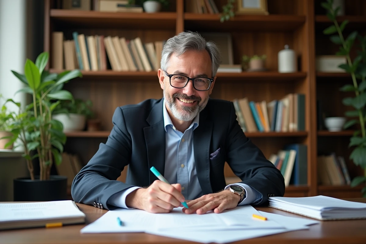 Professeur de philosophie examinant des copies dans un bureau chaleureux