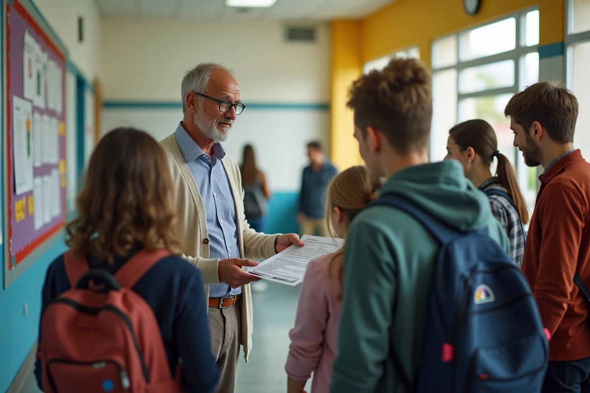 Enseignant distribuant des flyers aux parents dans le hall du collège