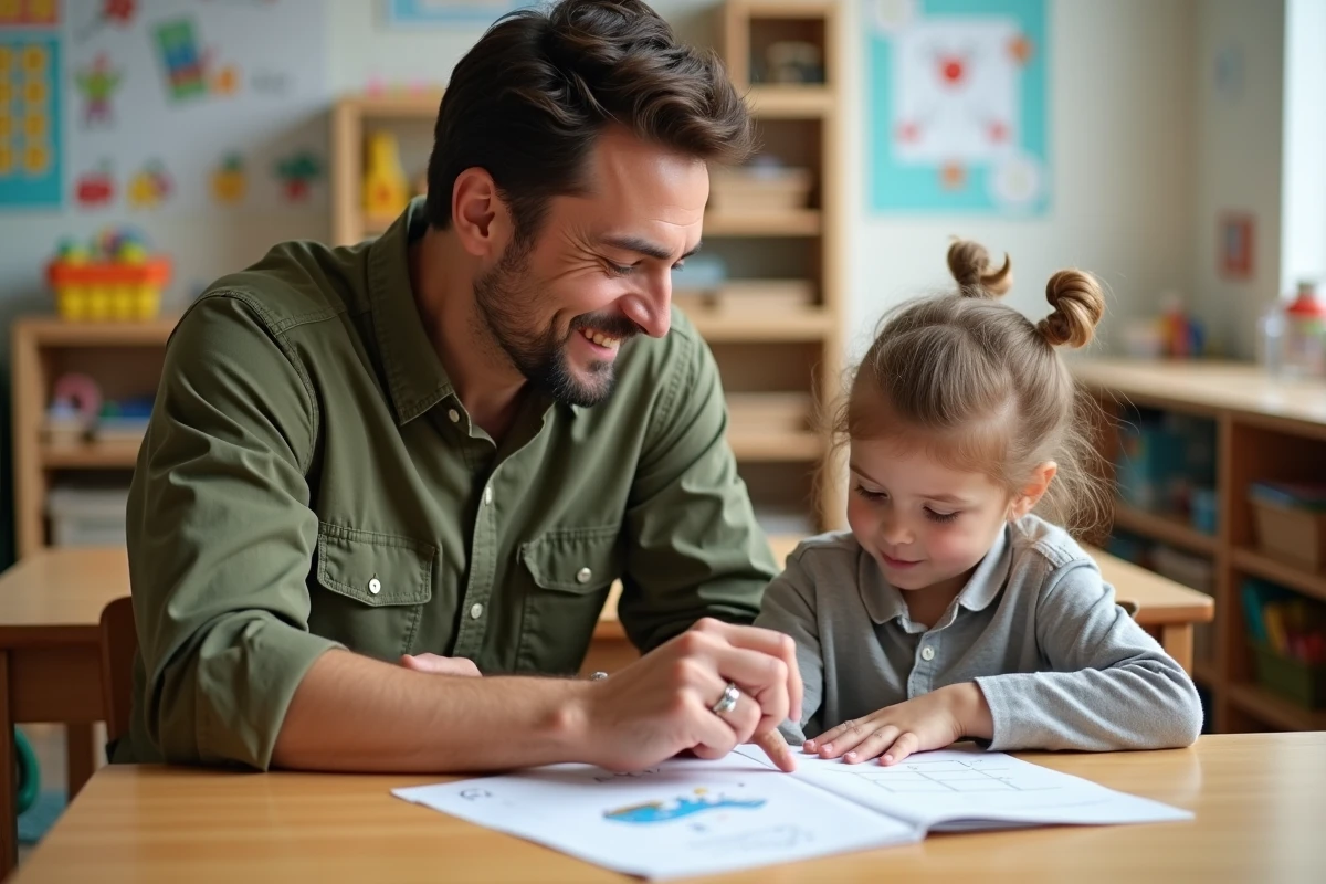 Enseignant spécialisé accompagnant un élève dans une salle de classe ulis adaptée