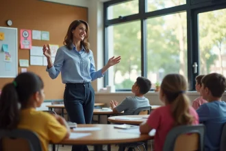 Enseignante de la classe ulis interagissant avec ses élèves dans une salle de classe inclusive moderne