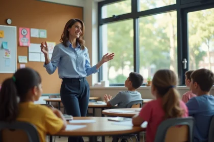 Enseignante de la classe ulis interagissant avec ses élèves dans une salle de classe inclusive moderne