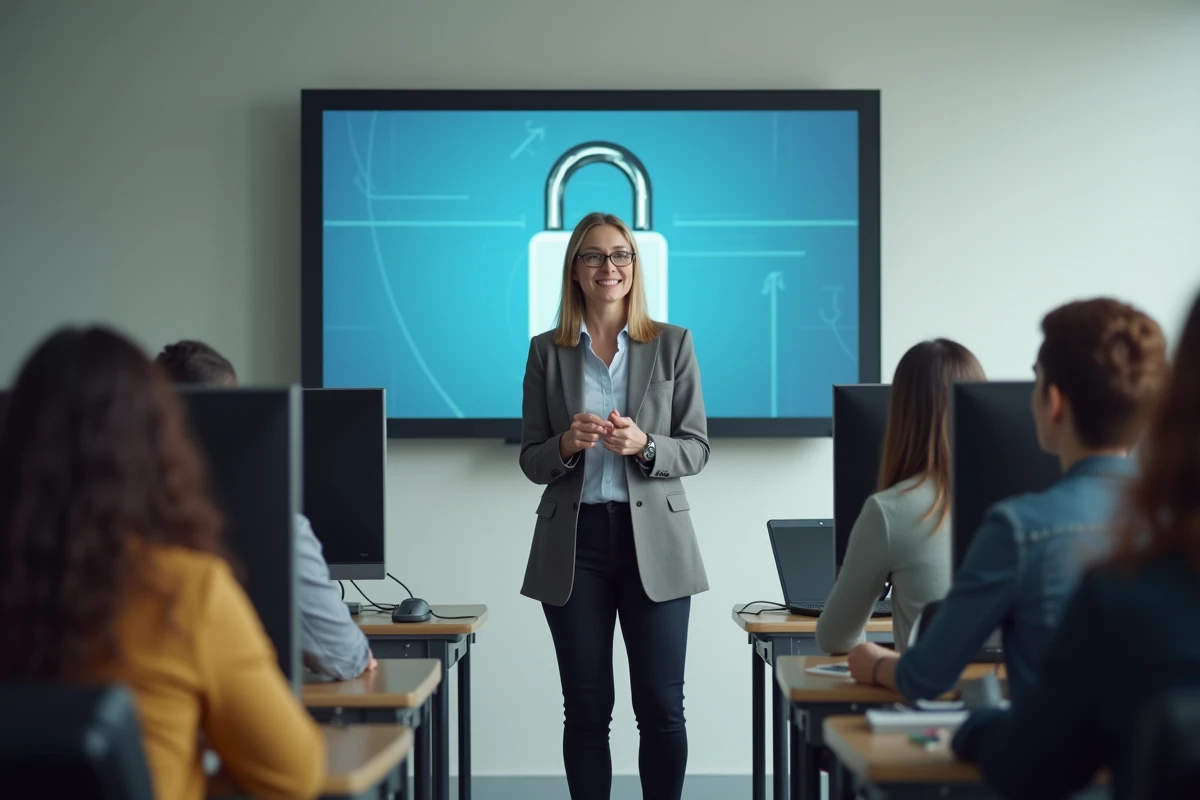Professeure devant un ordinateur dans une salle de formation