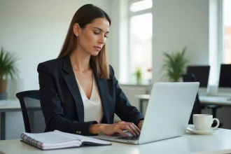 Enseignante utilisant la plateforme ENT77 sur son ordinateur portable en début d'année 2026 dans un bureau organisé