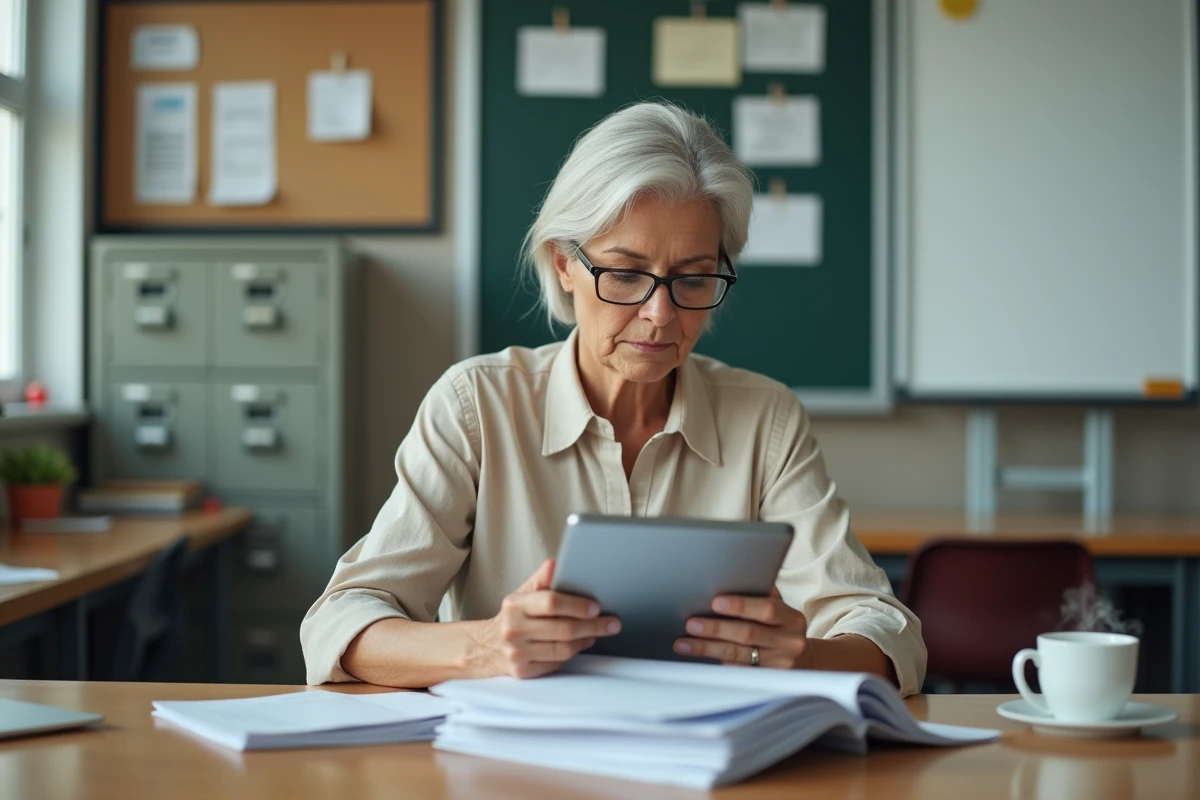 Enseignante senior consultant son dossier IProf sur tablette dans une salle des professeurs
