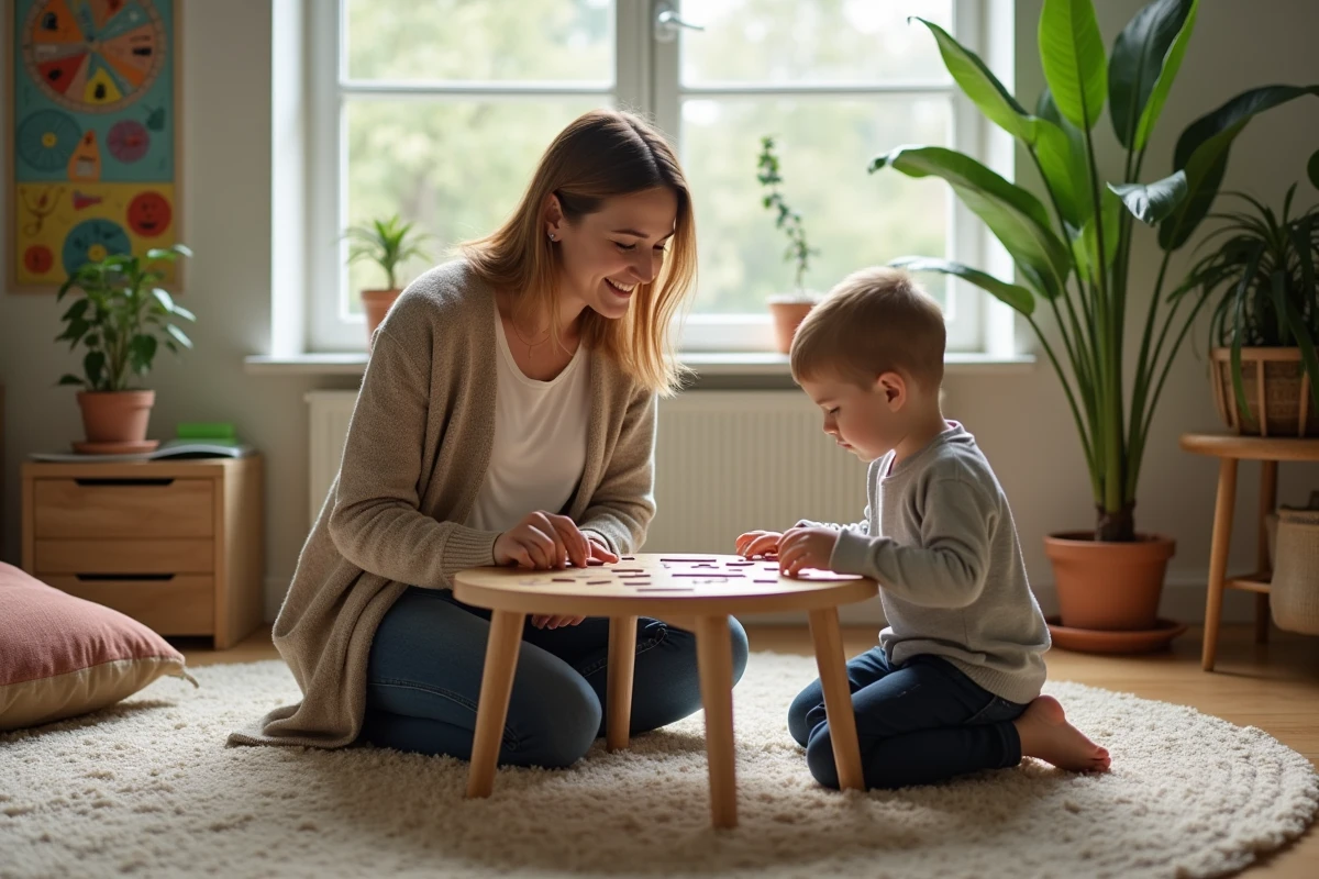 Une enseignante aide un élève avec un matériel Montessori