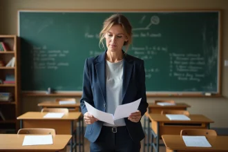 Enseignante consultant des documents comparatifs sur le Pacte enseignant dans une salle de classe française