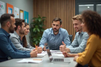 Groupe d'enseignants en réunion dans une salle moderne