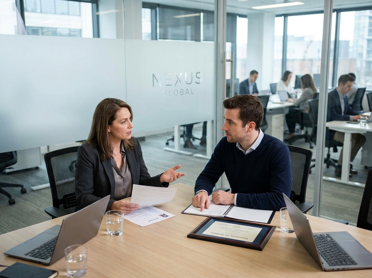 Entretien professionnel entre un recruteur et un candidat présentant un diplôme en architecture d'intérieur, mettant en valeur son importance sur un CV