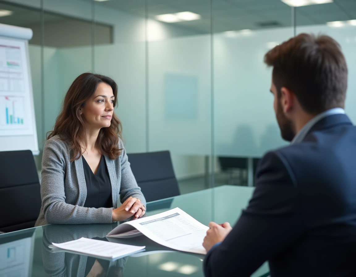 Entretien professionnel entre une fonctionnaire et un conseiller RH pour comprendre le calcul du salaire COE