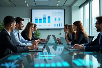 Equipe diverse collaborant autour d'une table moderne en analysant des données
