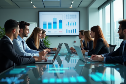Equipe diverse collaborant autour d'une table moderne en analysant des données