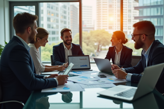 Équipe d'affaires confiante dans un bureau moderne avec graphiques financiers