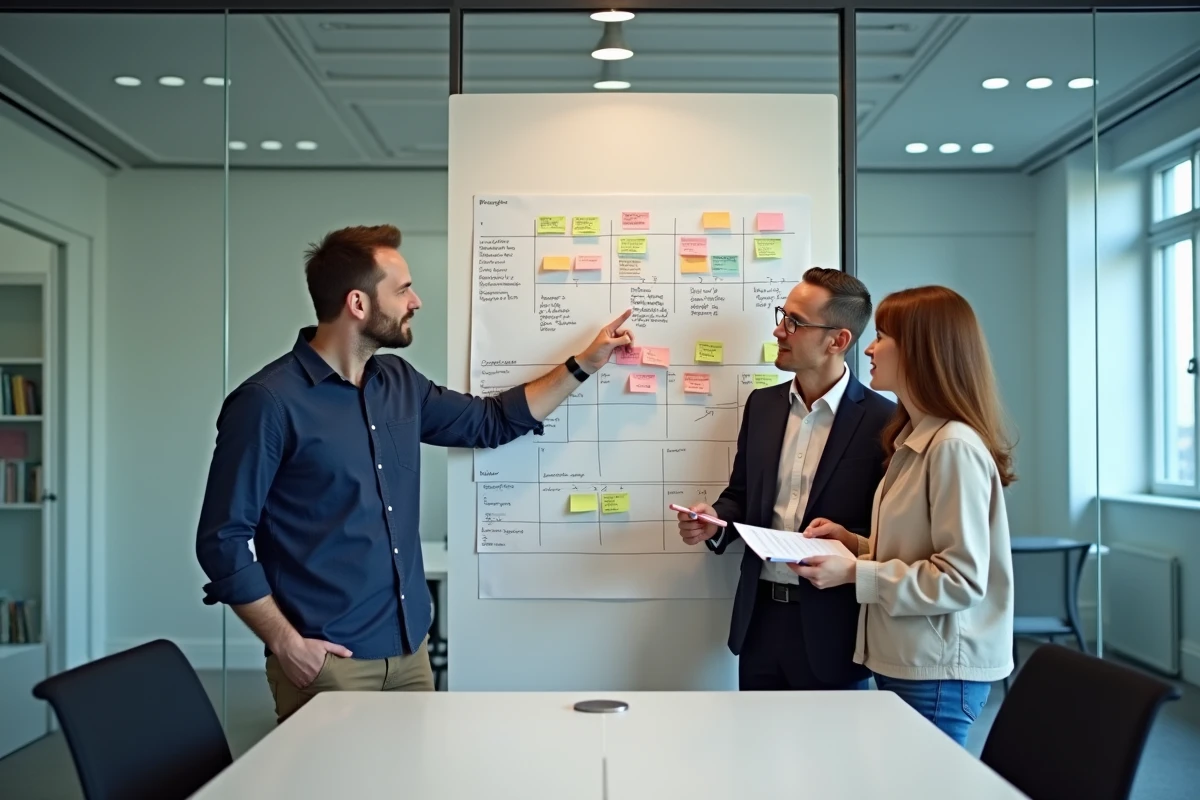 Équipe de professionnels discutant d'un modèle de projet d'animation devant un tableau blanc avec post-it et planning