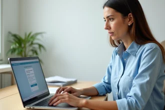 Femme consultant son espace personnel en ligne pour vérifier et télécharger des documents administratifs importants sur son ordinateur portable