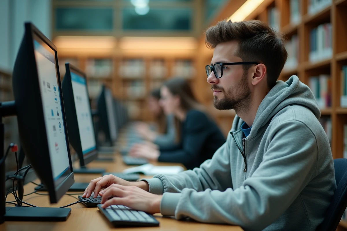 Étudiant utilisant un ordinateur en bibliothèque universitaire pour se connecter à l'ENT Le Havre