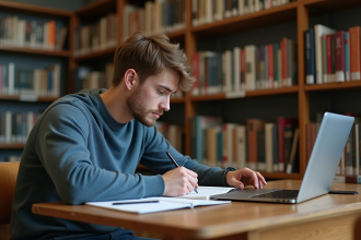 Etudiant en bibliothèque étudiant seul à une table
