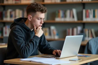 Jeune étudiant concentré sur son ordinateur dans une bibliothèque