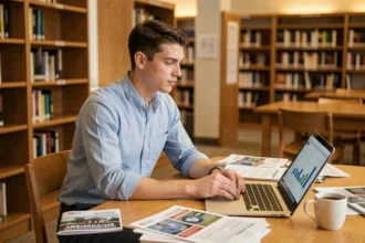 Étudiant en école d'ingénieurs consultant un classement et des données d'insertion professionnelle sur laptop dans une bibliothèque universitaire