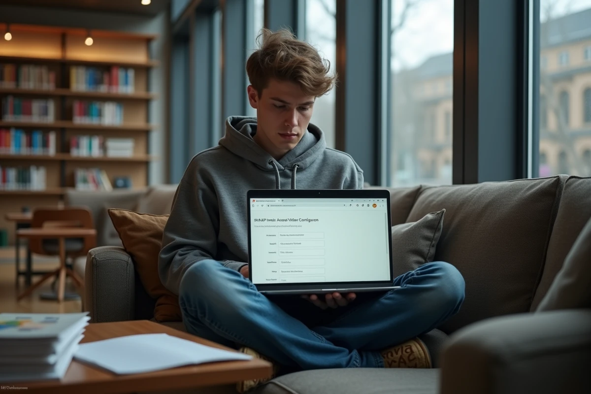 Étudiant configurant la messagerie académique de Strasbourg en IMAP sur son ordinateur portable dans une bibliothèque universitaire