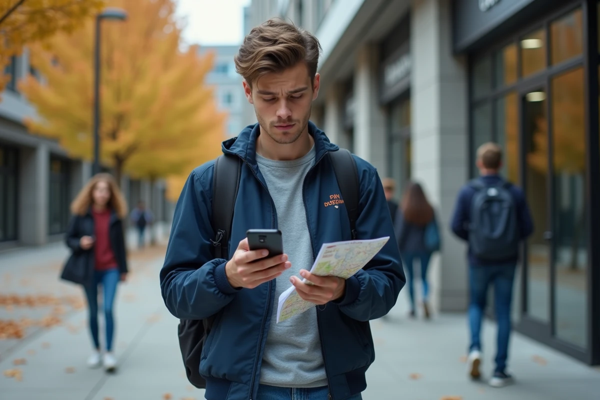 Étudiant consultant son smartphone face à une erreur de connexion au portail mycampus devant l'entrée d'une bibliothèque universitaire