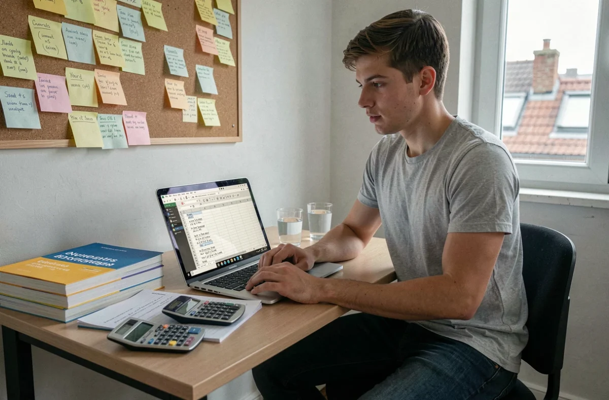 Étudiant utilisant un tableur pour calculer sa moyenne pondérée aux examens partiels