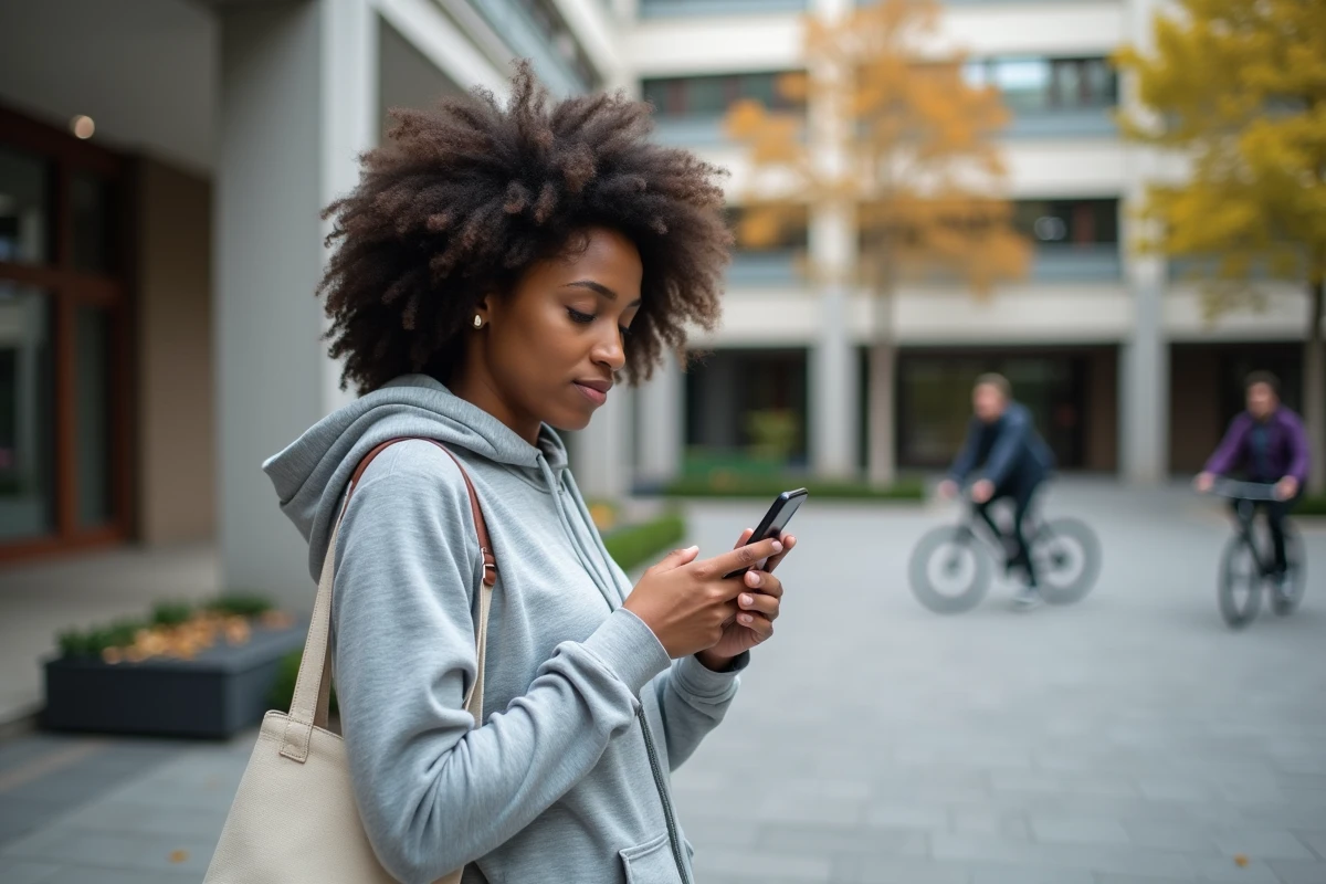 Étudiante utilisant l'authentification à deux facteurs sur smartphone devant un bâtiment universitaire de Grenoble en automne