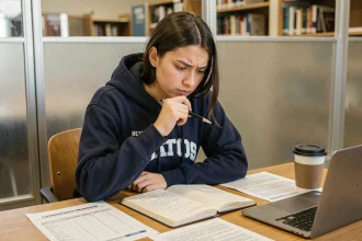 Étudiante calculant sa moyenne avec coefficients dans une bibliothèque universitaire