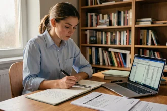 Étudiante analysant le classement SIGEM 2026 sur son bureau avec des listes d'écoles de management