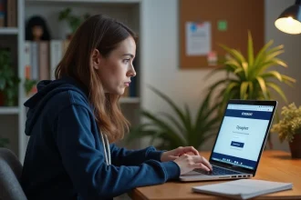 Étudiante connectée à l'ENT Le Havre Normandie sur son ordinateur portable dans sa chambre